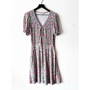 Boden Pink Floral Puff Sleeve V-Neck Dress Size 10R EcoVero™